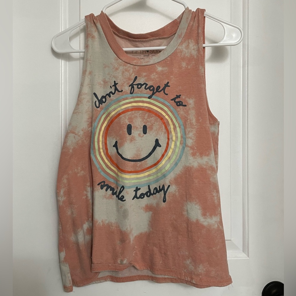 Fifth Sun tie-die smiley face “Don’t forget to smile today” women’s tank top